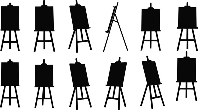 Collection of twelve black easel silhouettes with canvases in different angles and perspectives, creative art studio design elements for illustration, education, and stock photography resources