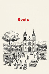 Bunia, Congo (kinshasa) Pen Line Art Illustration of City Landmark and Travel Scene