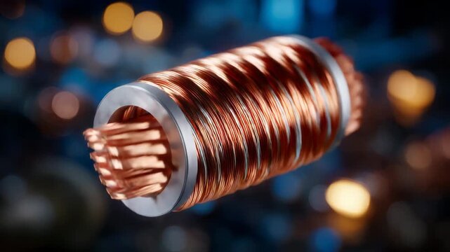 High-resolution macro shot of copper coil winding, intricate loops and metallic reflections emphasized, industrial power generation and electric motor concept