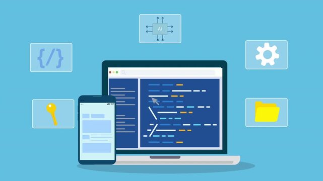 Laptop and smartphone displaying programming interface surrounded by development icons, representing software environment integration and digital technology workflow.
