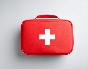 Obraz premium Red First Aid Kit with White Cross on Gray Background, Emergency Medical Care Symbol
