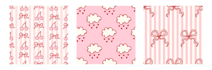 Coquette seamless pattern set featuring charming designs of cherries, bows, clouds, and stripes in soft pink tones. Perfect for creating feminine, cute, and whimsical products and stationery designs.