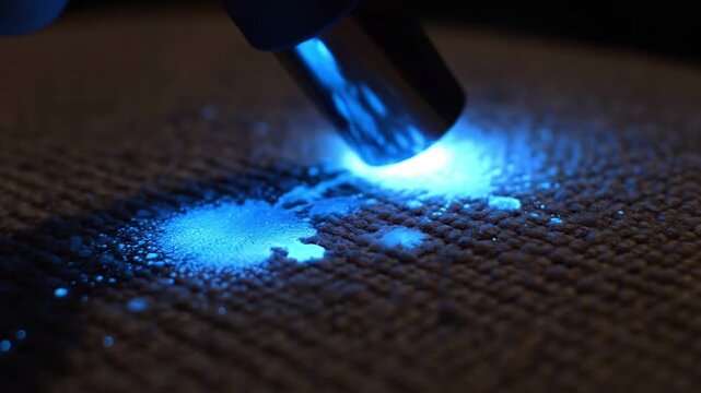 Criminal Law Restrictions concept. Close-up of a UV light detecting stains on a textured dark surface.
