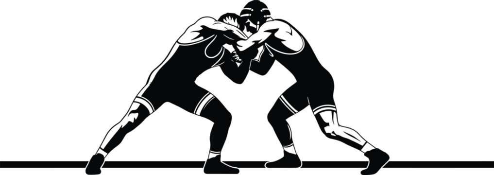 Black and white wrestling illustration showing two athletes in singlets and headgear grappling on mat, symbolizing strength, competition, sportsmanship, and martial arts training