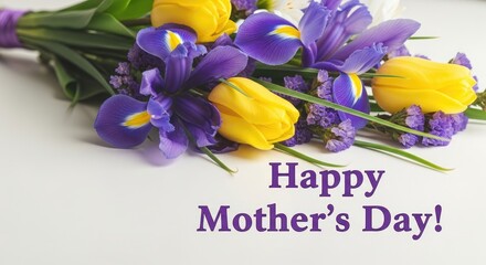 Happy mother's day floral bouquet with purple irises and yellow tulips © Shaima
