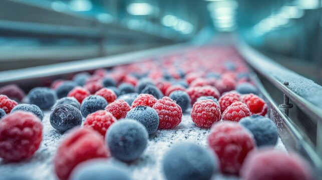 Frozen berries on industrial conveyor belt in cold storage facility.