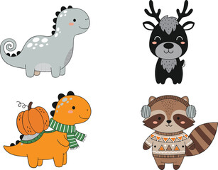 Fototapeta premium Cute cartoon forest and dinosaur animals set illustration with autumn and winter accessories, adorable kids nursery characters vector collection