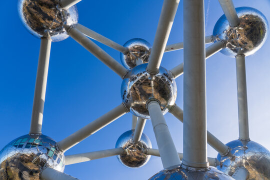 Brussels, Belgium - February 8th 2026: The Atomium tower, detailed view against a bright blue sky