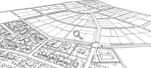 Obraz premium Overhead sketch of a suburban neighborhood with a magnifying glass