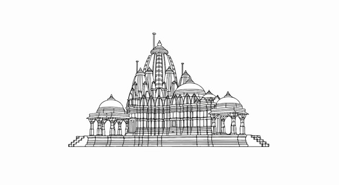Ornate Hindu temple with multiple spires and domes, depicted in a black and white line drawing