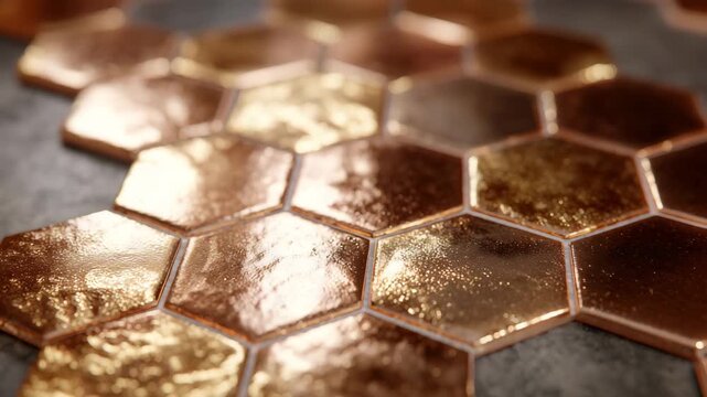 Macro perspective of hexagonal copper tiles, light softly reflecting off edges, visible craftsmanship and metallic textures, contemporary interior or decorative design theme