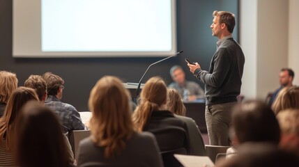 Fototapeta premium A man giving a presentation in a conference room with a projector screen in the background.