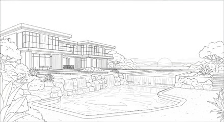 Obraz premium Modern house with a swimming pool and cascading waterfalls at sunset