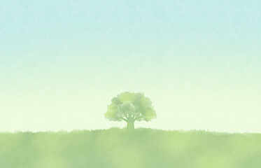 水彩風の草原と一本の木の背景　青空　新緑