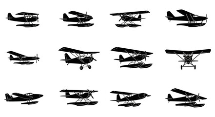 Collection of vintage seaplanes in silhouette on white background. © Aril