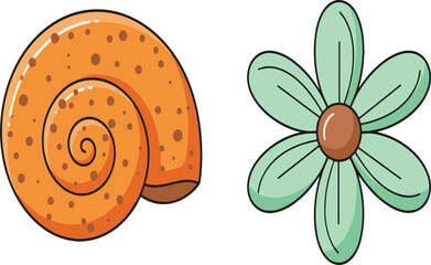 Cute snail shell and simple flower illustration set, minimal nature elements with playful shapes cartoon flat vector isolated on white background © Jahangir