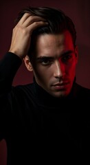 Fototapeta premium Portrait of a handsome man with a perfect white smile touching his thick hair. Concept of successful hair transplant, dental care, and male grooming satisfaction.