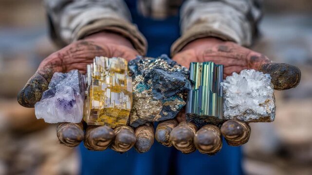 Macro view of hand presenting mineral specimens, rich colors of quartz, pyrite, and malachite, dirt-streaked fingers, natural resource and mining concept