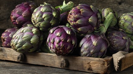 Obraz premium Rustic wooden crate filled with purple artichokes on dark background.