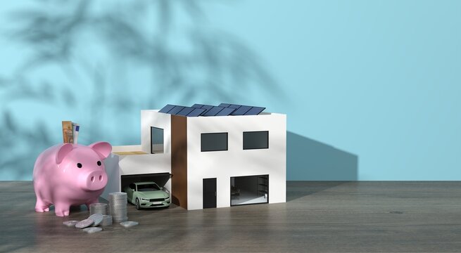 une maison moderne avec voiture dans garage et panneaux solaire sur le toit &agrave; c&ocirc;t&eacute; d'une tirelire cochon - rendu 3D