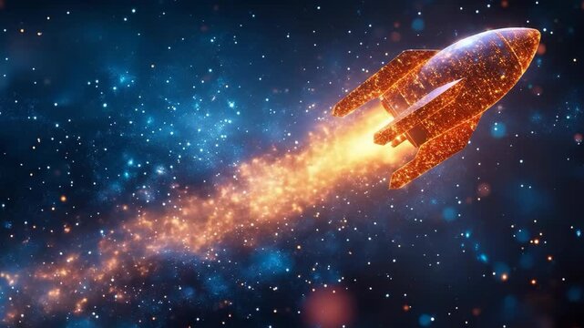 futuristic digital illustration of a rocket ship composed of glowing orange particles and light data, launching through a star-filled deep space nebula.Technology blogs, aerospace industry websites, 