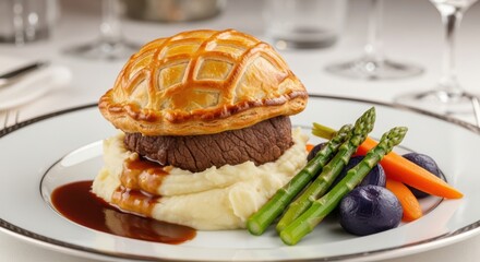 Gourmet beef wellington served with creamy mashed potatoes and roasted vegetables on a white plate
