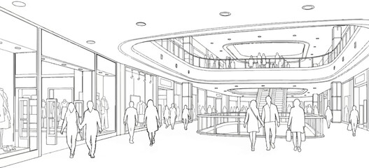 Fototapeta premium Modern shopping mall interior with people walking and browsing shops on multiple levels