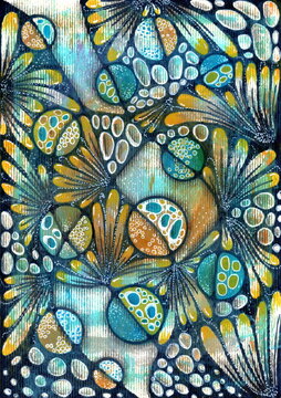 A stylized abstract composition executed in mixed media. Organic forms are set against a dark, deep background: rounded elements resembling cells or seeds, and fan-shaped structures reminiscent of exo