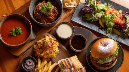 Delicious variety of international dishes on wooden table.