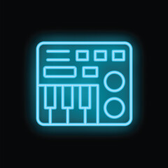 Blue glowing neon icon of a digital synthesizer, representing modern music production and sound design