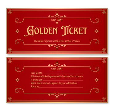 Golden ticket in red, front and back sides. Vintage vector ticket template for gifts & gala events. Can be used for web and print. Simply add your text.