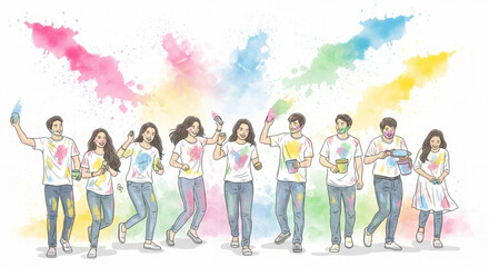 Naklejka premium Diverse group of young people celebrating Holi festival with colorful powder joyful outdoor activity vibrant illustration for festive events