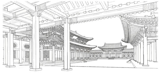Fototapeta premium Ornate traditional courtyard architecture with intricate roof details and pillars