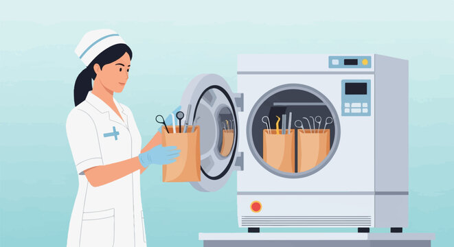 Medical professional sterilizing instruments in an autoclave machine