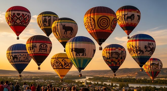 Colorful Hot Air Balloons Ascend Over Landscape at Sunrise Festival.