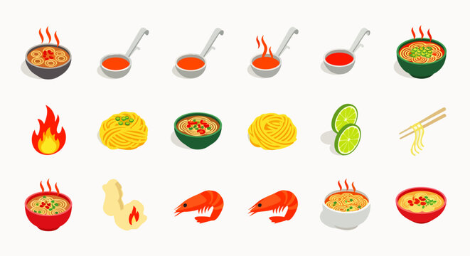 Set of isometric food icons: soup, noodles, shrimp, lime, ginger, chili, fire, and ladle