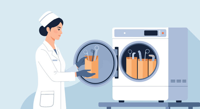 Medical professional sterilizing instruments in an autoclave for hygiene
