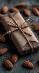 Fototapeta premium Dark chocolate almond energy bar wrapped in kraft paper tied with twine