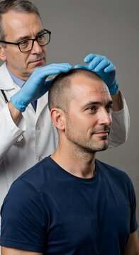 Professional hair transplant specialist examining a male patient's hairline during a consultation in a modern clinic. Concept of hair restoration surgery and regaining confidence.