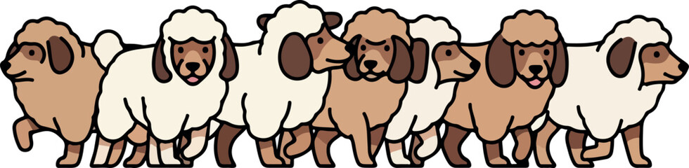 A row of sheep walking in a line from left to right in a simple illustration style