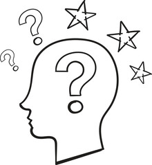 Human Head Silhouette with Question Marks and Stars Doodle for Confusion and Idea Concept