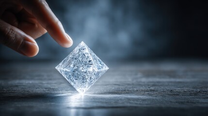 Metallic Hand Reaching Towards a Large Octahedron Crystal