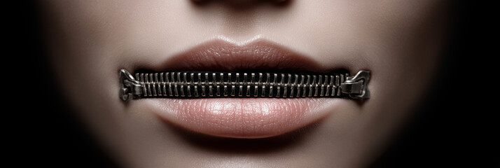 Extreme Close-up and Front View. Conceptual Image of the Lips of a Woman Sealed with Horizontal Zipper, Symbolizing Secrecy, Silence, Confidentiality and Censorship. Generative Ai.