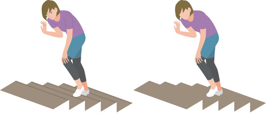 階段を昇る時、膝が痛むシニア女性のイラスト
