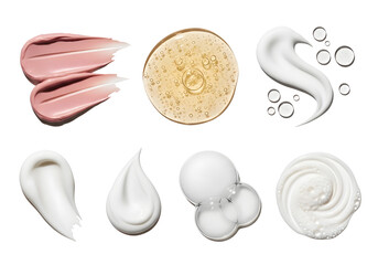 Collection of cosmetic product textures including cream swatches gel drops and foam bubbles on white background for skincare and beauty presentation