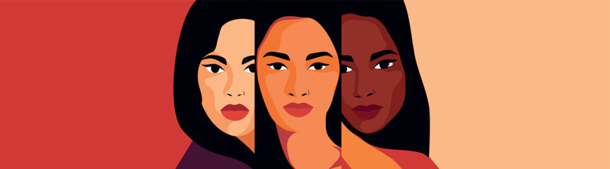 International Women's Day, March 8. Vector horizontal banner with space for text, women portrait of different cultures, nationalities together. Feminism, freedom, gender equality, women's empowerment