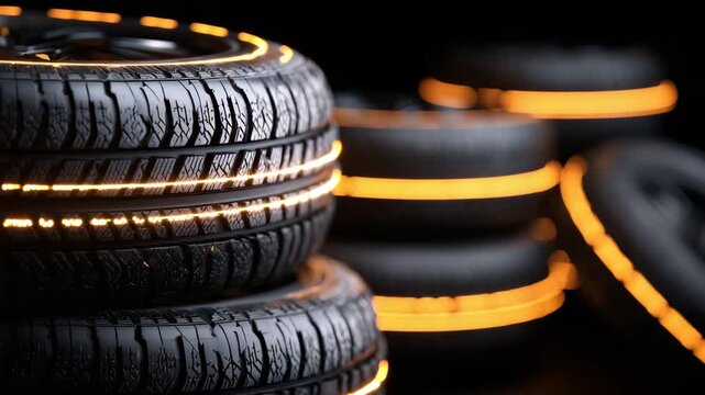 5Close-up of stacked car tires with deep tread patterns, sharp rubber texture and sidewall details, isolated on black background, auto repair and maintenance industry visual