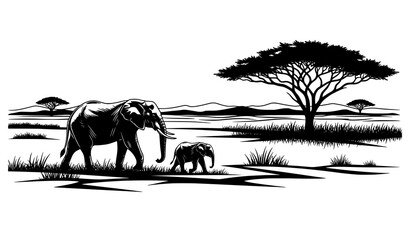 Detailed savanna landscape silhouette of elephant and calf walking with acacia tree vector © MdMafijur