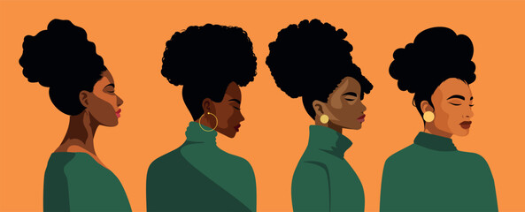 Stylish vector illustration of four African-American women avatar in profile, sporting different Afro hairstyles on an orange background. For topics related to diversity, beauty, fashion, Women's Day