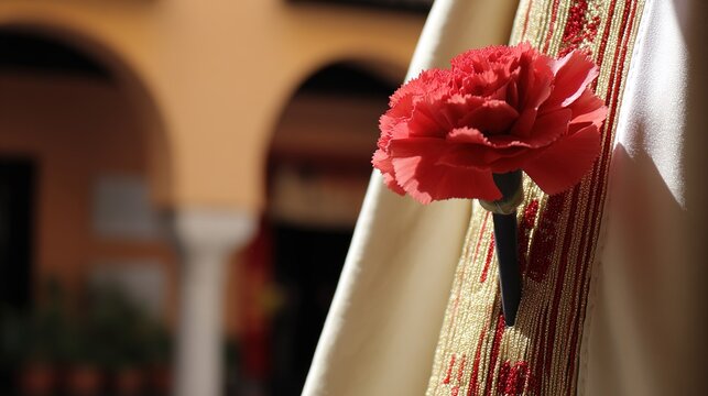 Red carnation on a golden-threaded shawl, embodying Spanish cultural richness and elegance.